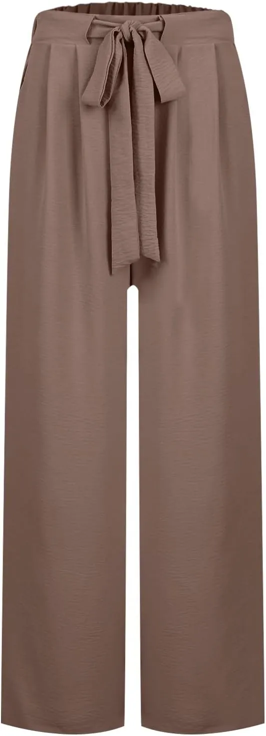 Womens Wide Leg Pants High Waisted Adjustable Tie Knot Flowy Casual Loose Business Work Trousers with Pockets