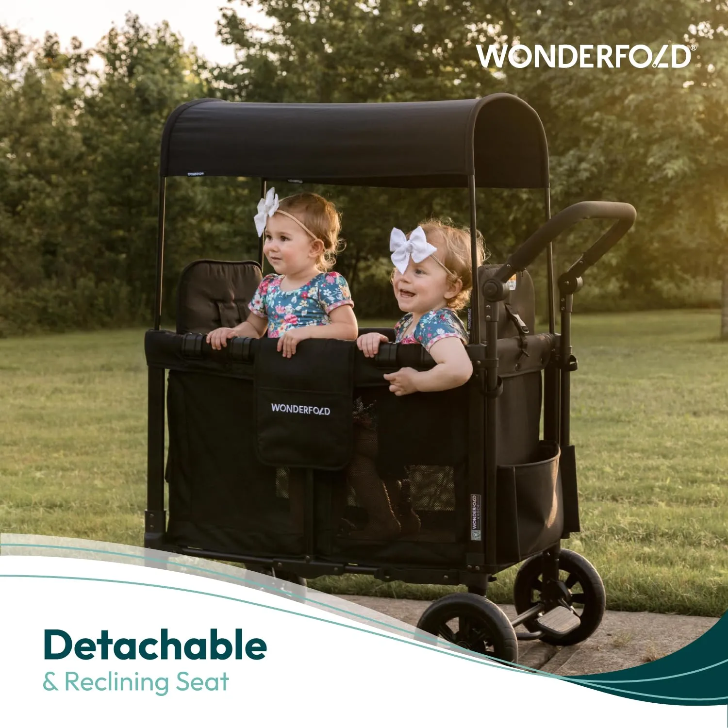 WONDERFOLD W2 Luxe Double Stroller Wagon (2 Seater) - Collapsible Wagon Stroller with Seats with Magnetic Buckle 5-Point Harnesses and Adjustable Sun Canopy, Charcoal Gray