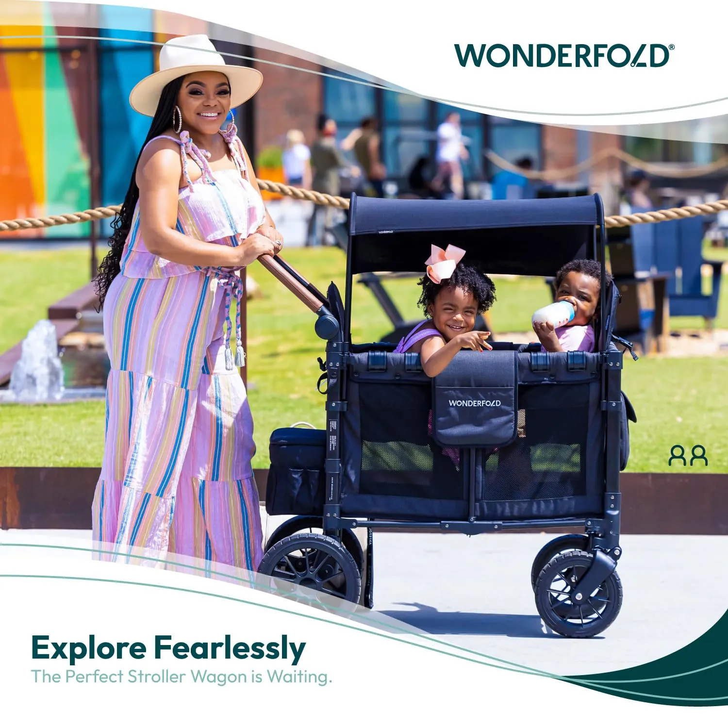 WONDERFOLD W2 Luxe Double Stroller Wagon (2 Seater) - Collapsible Wagon Stroller with Seats with Magnetic Buckle 5-Point Harnesses and Adjustable Sun Canopy, Charcoal Gray