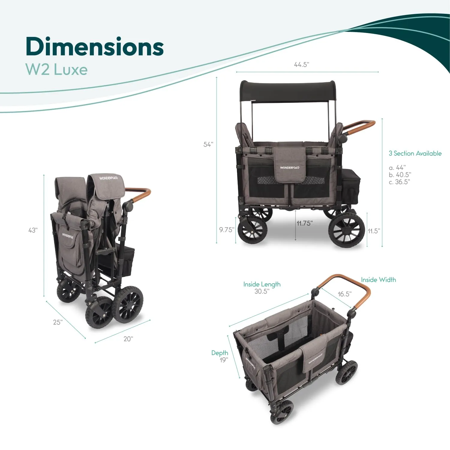 WONDERFOLD W2 Luxe Double Stroller Wagon (2 Seater) - Collapsible Wagon Stroller with Seats with Magnetic Buckle 5-Point Harnesses and Adjustable Sun Canopy, Charcoal Gray