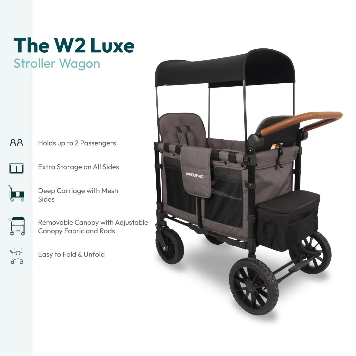 WONDERFOLD W2 Luxe Double Stroller Wagon (2 Seater) - Collapsible Wagon Stroller with Seats with Magnetic Buckle 5-Point Harnesses and Adjustable Sun Canopy, Charcoal Gray