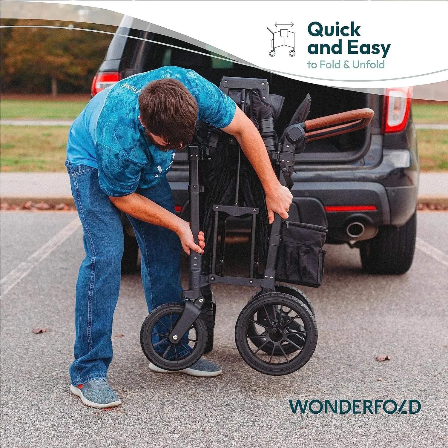 WONDERFOLD W2 Luxe Stroller Wagon (2 Seater) - Collapsible Wagon Stroller with Seats with Magnetic Buckle 5-Point Harnesses and Adjustable Sun Canopy, Hunter Green