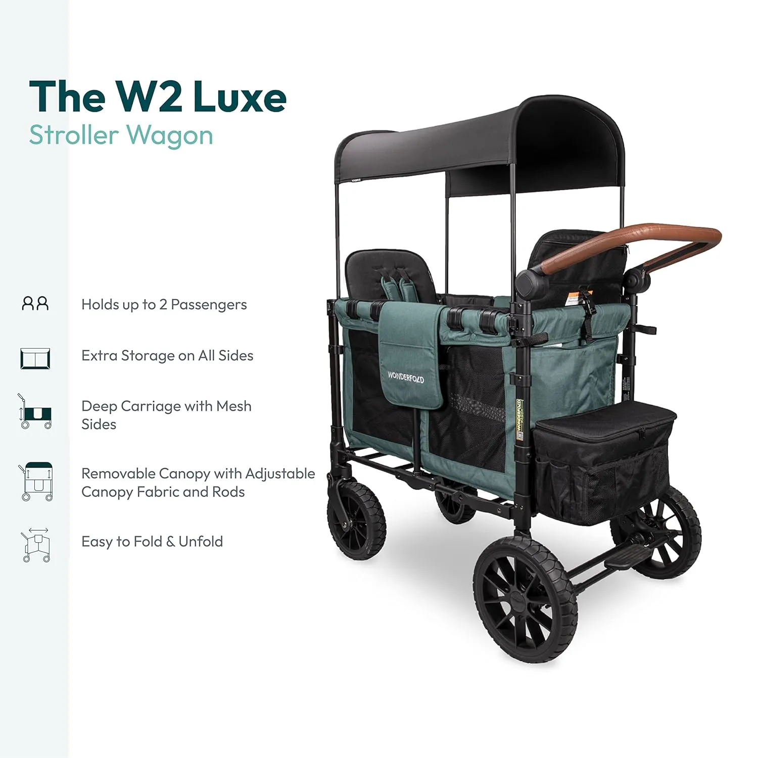 WONDERFOLD W2 Luxe Stroller Wagon (2 Seater) - Collapsible Wagon Stroller with Seats with Magnetic Buckle 5-Point Harnesses and Adjustable Sun Canopy, Hunter Green