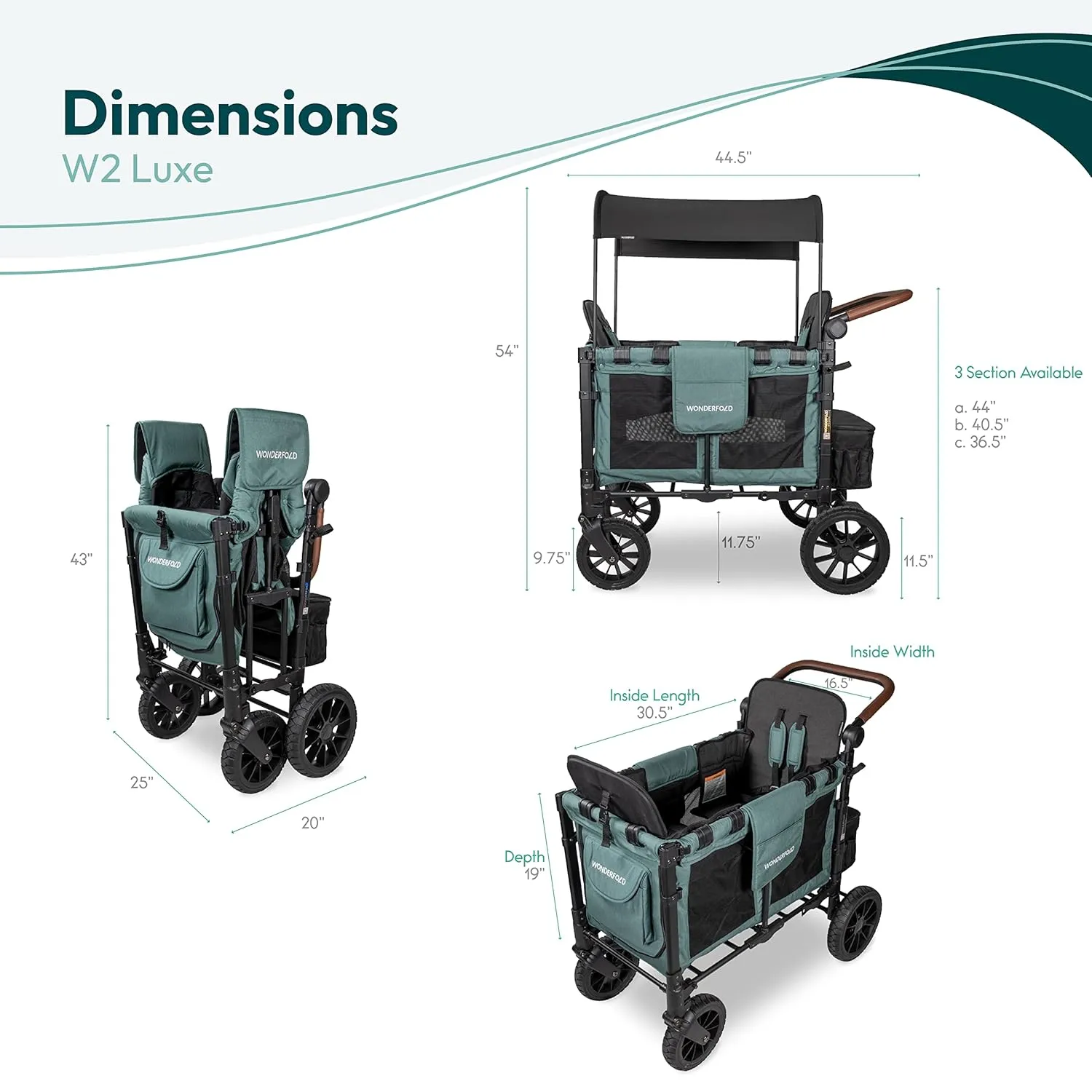 WONDERFOLD W2 Luxe Stroller Wagon (2 Seater) - Collapsible Wagon Stroller with Seats with Magnetic Buckle 5-Point Harnesses and Adjustable Sun Canopy, Hunter Green