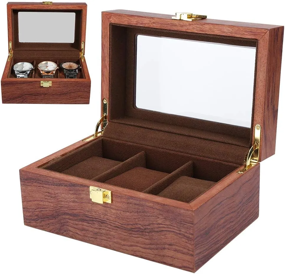 Wooden Watch Box, 3 Grid Watch Display Box Transparent Window Non Slip Watch Storage Box