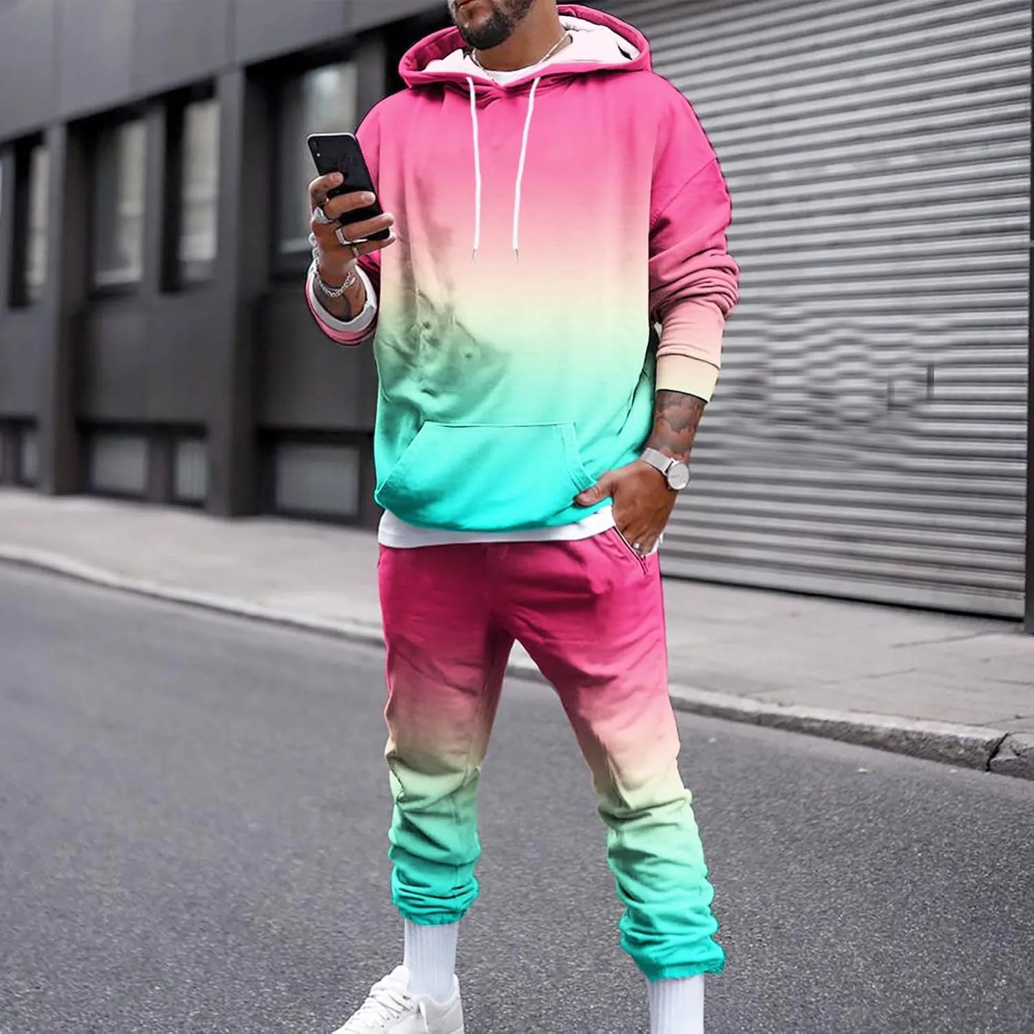 Workout Sets for Men Running Sports Hooded Sweatsuit Casual Long Sleeve Pullover Drawstring Pant 2 Piece Outfits