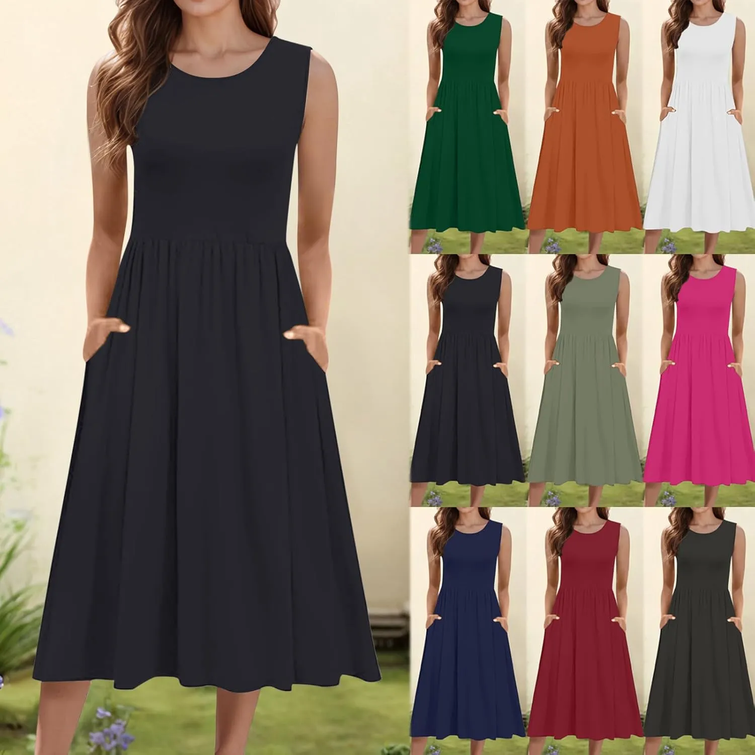 WYTong Women's Summer Tank Midi Dress 2025 Sleeveless Tank Midi Dresses with Pockets Casual A Line Flowy Dress