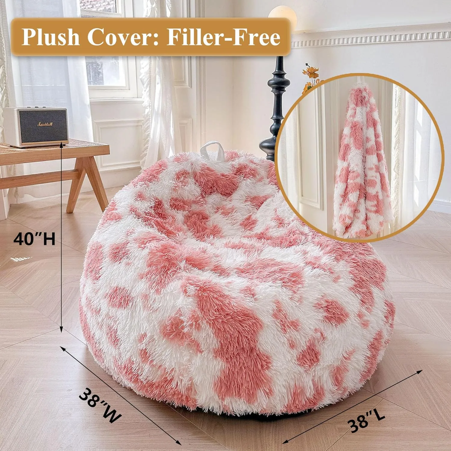 XeGe Cute Pink Cow Print Fluffy Bean Bag Cover (No Filler), Faux Fur Soft Replacement Stuffed Animal Storage Bean Bag Cover for Toys, Plush Shaggy Large Beanbag for Adults Kids Girls, Pink and White
