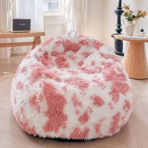 XeGe Cute Pink Cow Print Fluffy Bean Bag Cover (No Filler), Faux Fur Soft Replacement Stuffed Animal Storage Bean Bag Cover for Toys, Plush Shaggy Large Beanbag for Adults Kids Girls, Pink and White