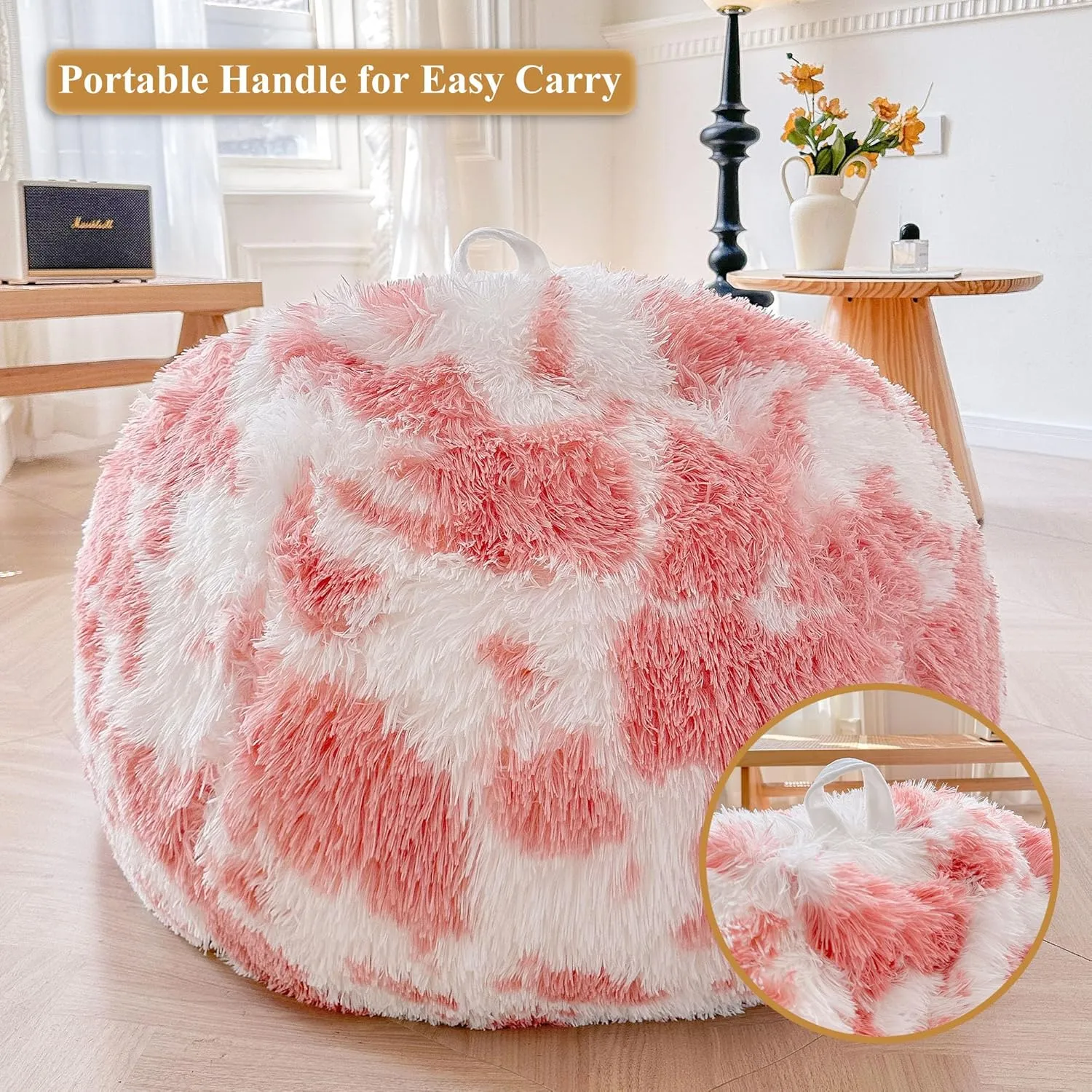 XeGe Cute Pink Cow Print Fluffy Bean Bag Cover (No Filler), Faux Fur Soft Replacement Stuffed Animal Storage Bean Bag Cover for Toys, Plush Shaggy Large Beanbag for Adults Kids Girls, Pink and White