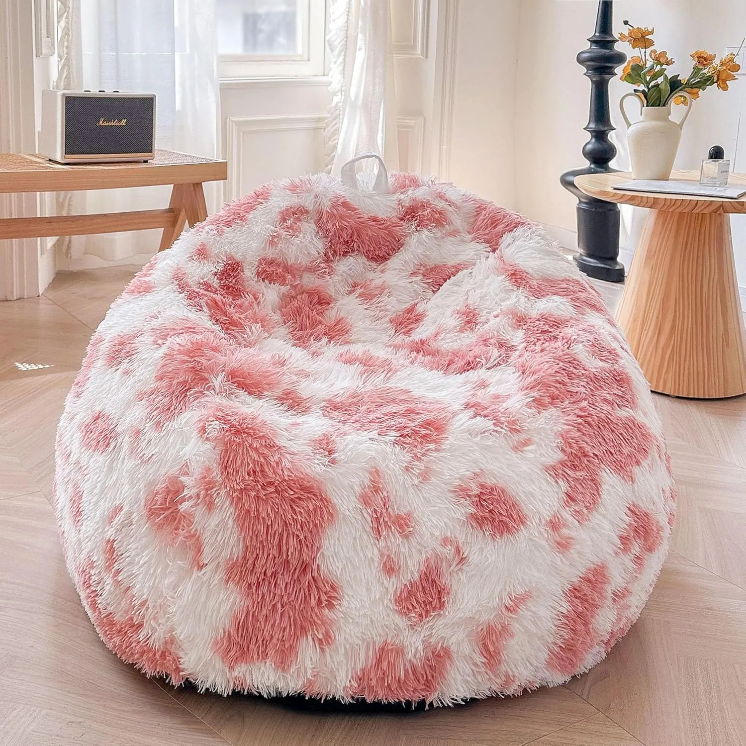 XeGe Cute Pink Cow Print Fluffy Bean Bag Cover (No Filler), Faux Fur Soft Replacement Stuffed Animal Storage Bean Bag Cover for Toys, Plush Shaggy Large Beanbag for Adults Kids Girls, Pink and White