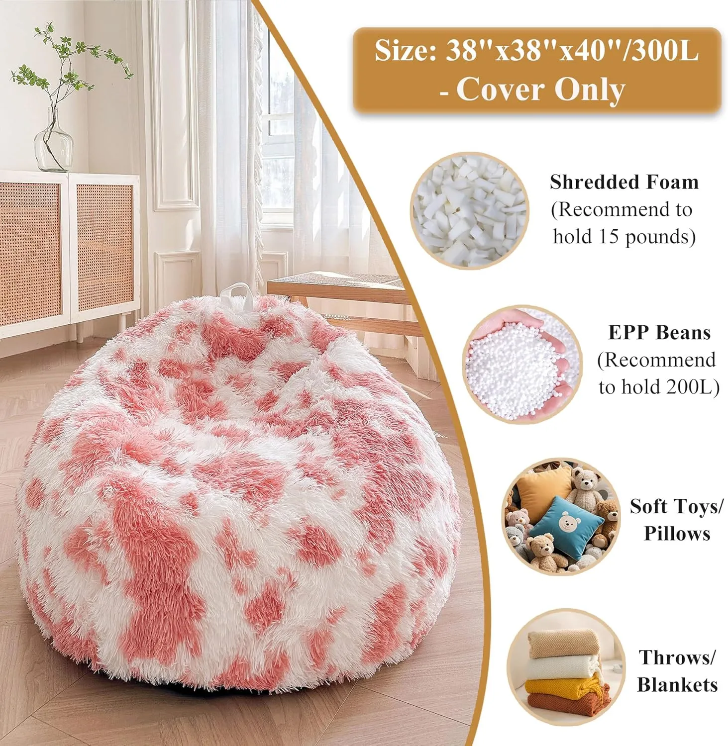 XeGe Cute Pink Cow Print Fluffy Bean Bag Cover (No Filler), Faux Fur Soft Replacement Stuffed Animal Storage Bean Bag Cover for Toys, Plush Shaggy Large Beanbag for Adults Kids Girls, Pink and White
