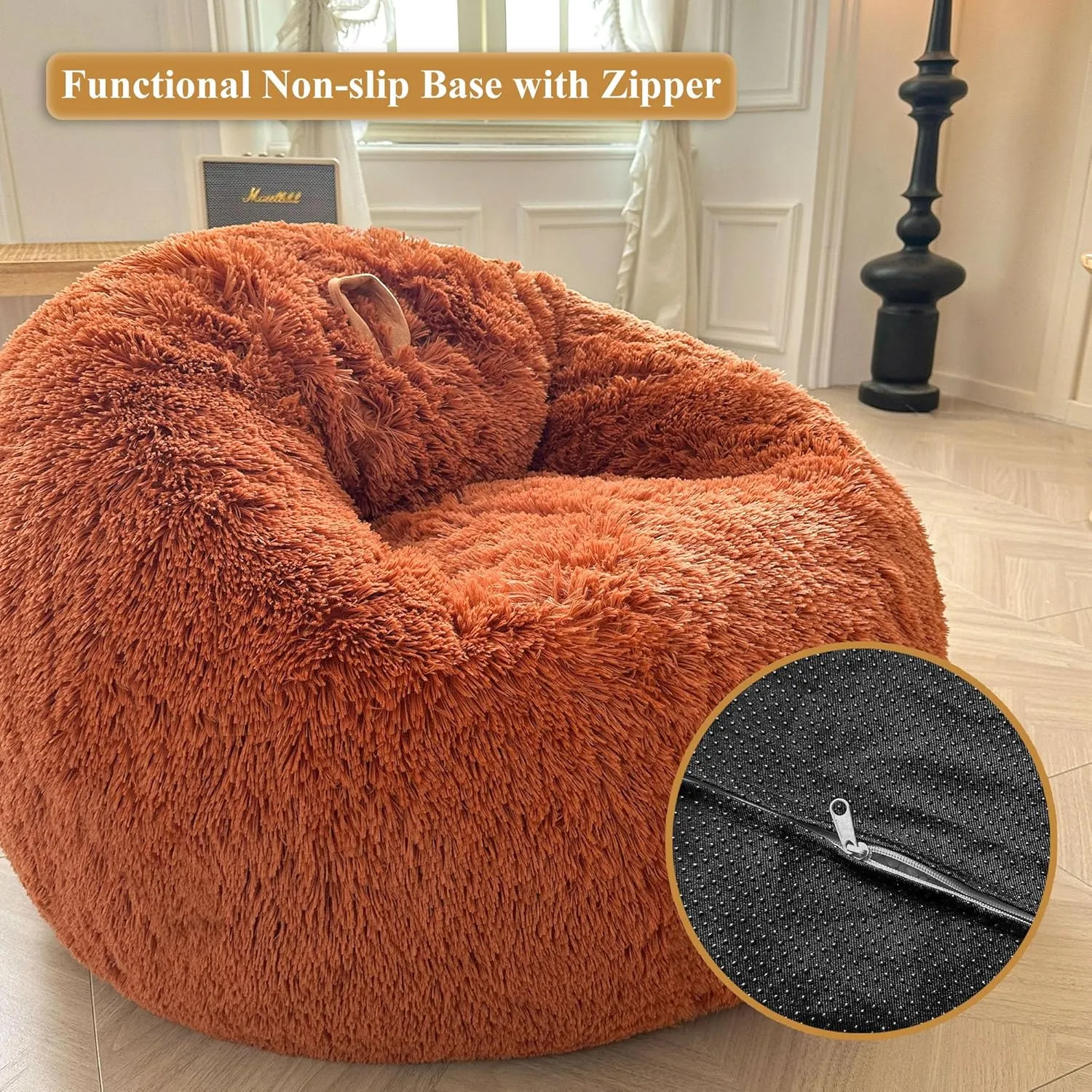 XeGe Fluffy Bean Bag Chair Cover(No Filler), Faux Fur Washable Soft Stuffed Animal Storage Bean Bag Cover for Plush Toys or Textile, Plush Shaggy Large BeanBag for Adults Kids Teens, Burnt Orange