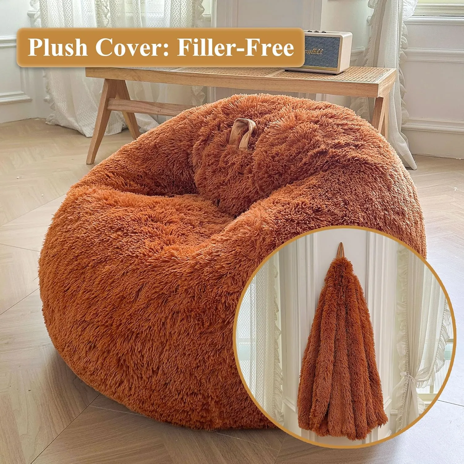XeGe Fluffy Bean Bag Chair Cover(No Filler), Faux Fur Washable Soft Stuffed Animal Storage Bean Bag Cover for Plush Toys or Textile, Plush Shaggy Large BeanBag for Adults Kids Teens, Burnt Orange