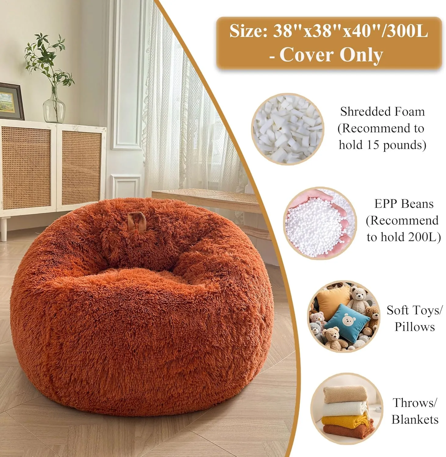XeGe Fluffy Bean Bag Chair Cover(No Filler), Faux Fur Washable Soft Stuffed Animal Storage Bean Bag Cover for Plush Toys or Textile, Plush Shaggy Large BeanBag for Adults Kids Teens, Burnt Orange