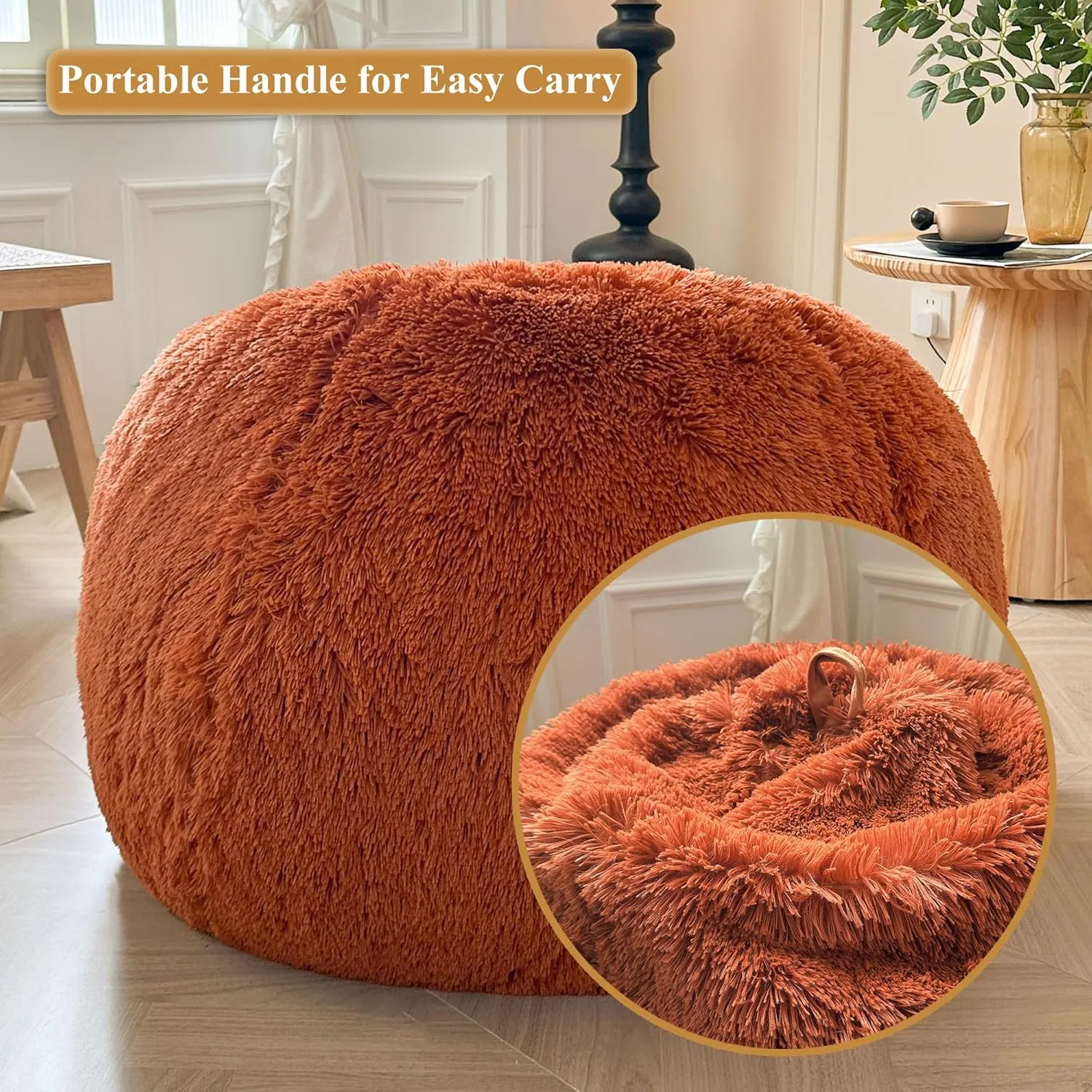 XeGe Fluffy Bean Bag Chair Cover(No Filler), Faux Fur Washable Soft Stuffed Animal Storage Bean Bag Cover for Plush Toys or Textile, Plush Shaggy Large BeanBag for Adults Kids Teens, Burnt Orange
