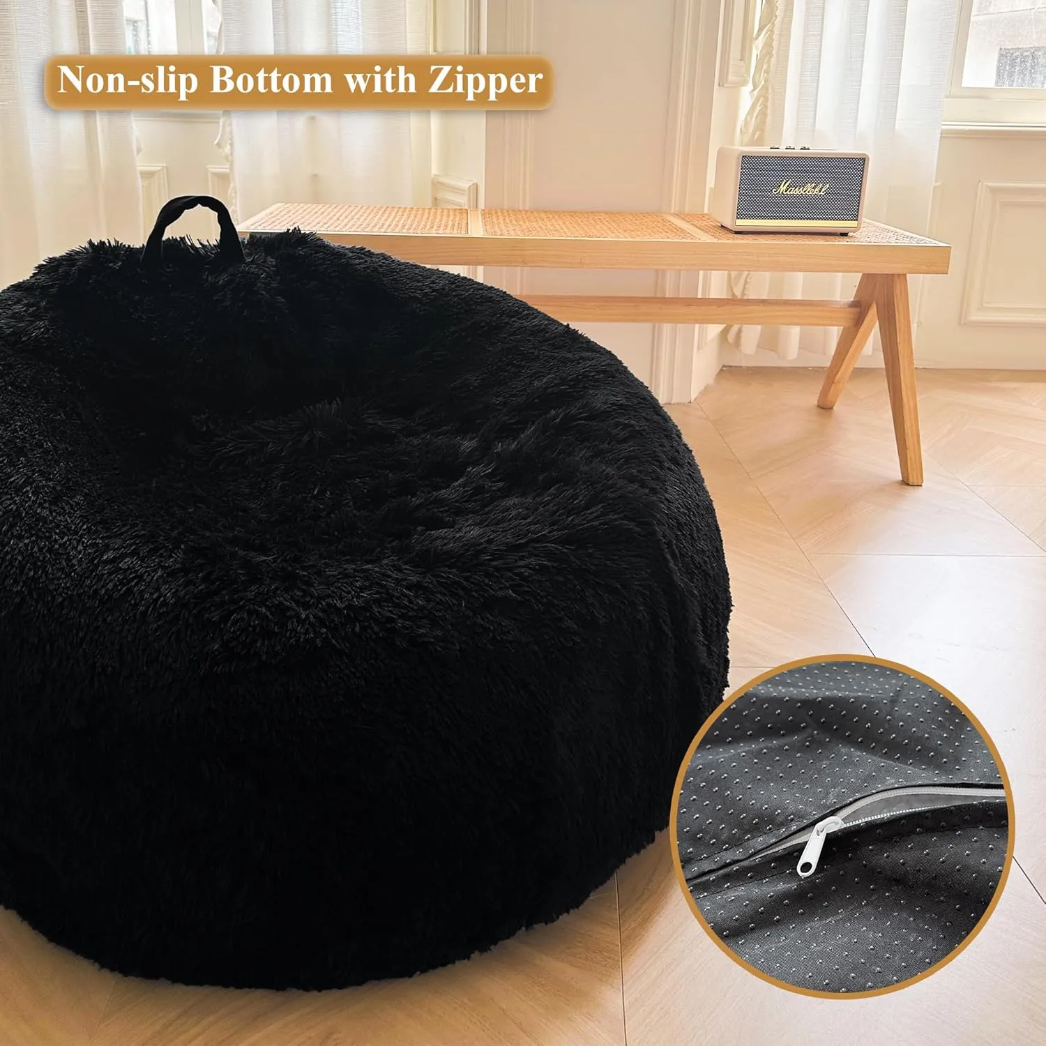 XeGe Fluffy Stuffed Animal Storage Bean Bag Chair Cover (No Filler), Faux Fur Washable Ultra Soft Bean Bag Cover for Plush Toys or Textile, Plush Shaggy Large Bean Bag for Adults Kids Teens, Black