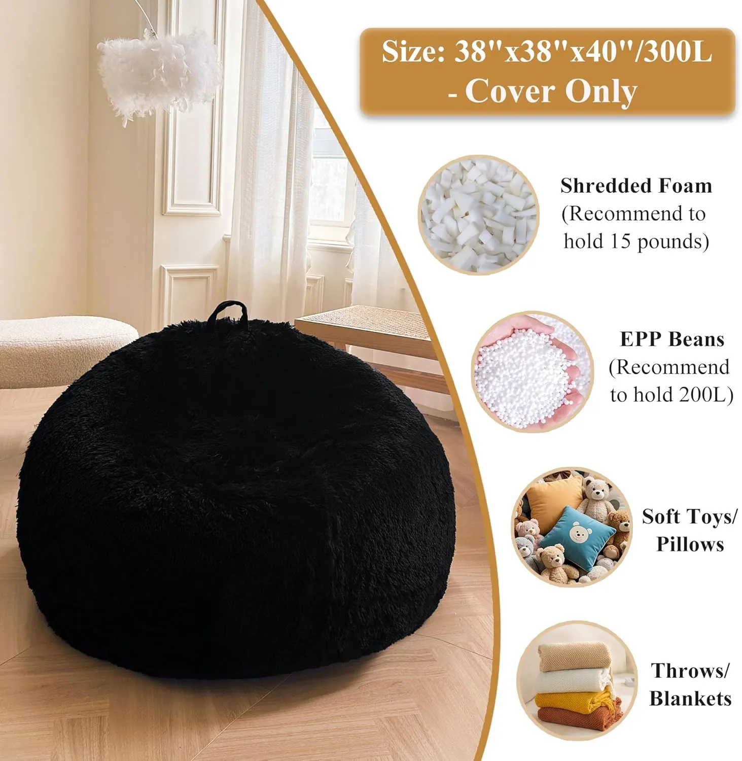 XeGe Fluffy Stuffed Animal Storage Bean Bag Chair Cover (No Filler), Faux Fur Washable Ultra Soft Bean Bag Cover for Plush Toys or Textile, Plush Shaggy Large Bean Bag for Adults Kids Teens, Black