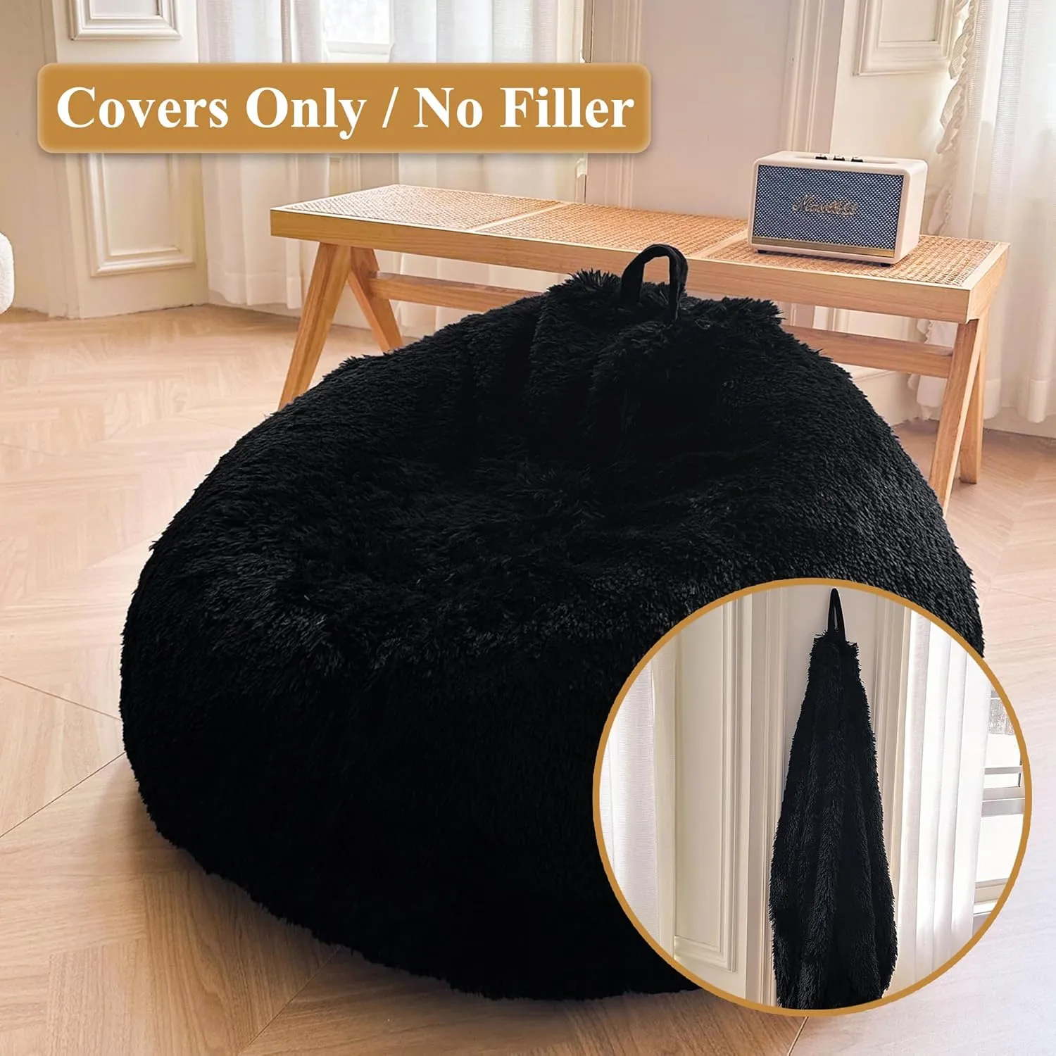 XeGe Fluffy Stuffed Animal Storage Bean Bag Chair Cover (No Filler), Faux Fur Washable Ultra Soft Bean Bag Cover for Plush Toys or Textile, Plush Shaggy Large Bean Bag for Adults Kids Teens, Black