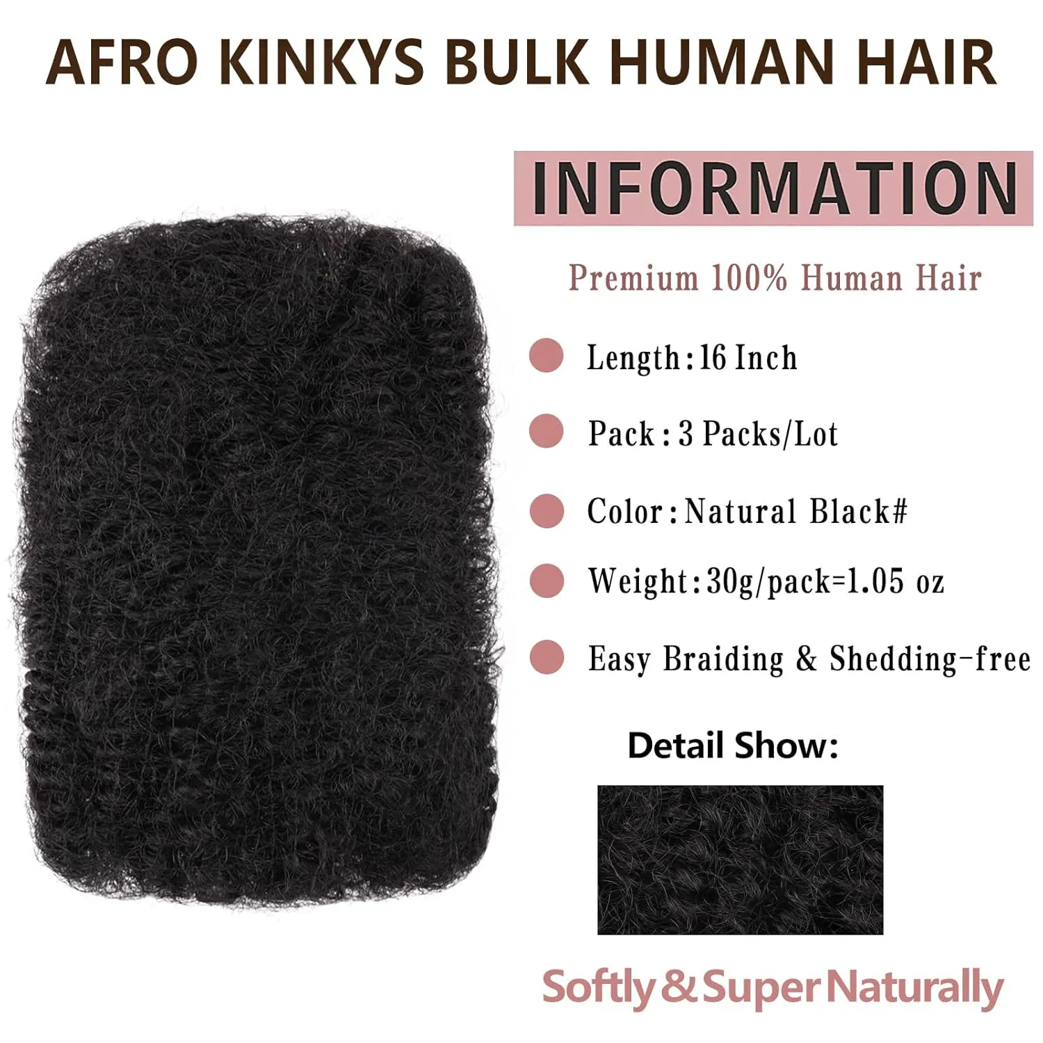 Xtrend 16 Inch 3 Bundles 90 Gram Natural Black Afro Kinkys Bulk Human Hair For Dreadlocks Extensions Repair Locs Mini Braiding Twists Afro Kinky Human Hair For Micro Spring Twist Braiding Kinky Hair