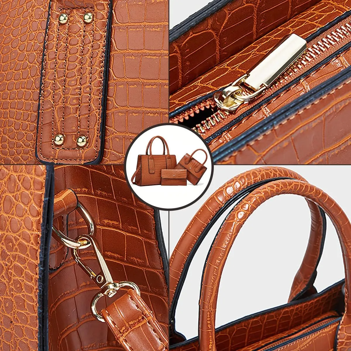 XXGJOALD-Womens 3 Pcs Handbag Set Clutch Crocodile Pattern Purse Fashion Leather Top Handle Tote Satchel Crossbody Bag Wallet