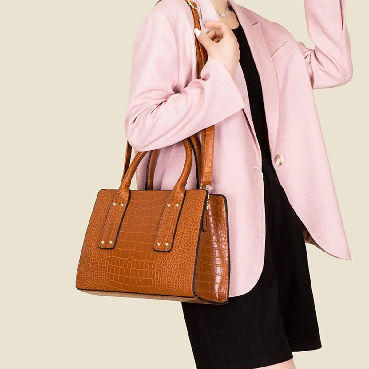 XXGJOALD-Womens 3 Pcs Handbag Set Clutch Crocodile Pattern Purse Fashion Leather Top Handle Tote Satchel Crossbody Bag Wallet