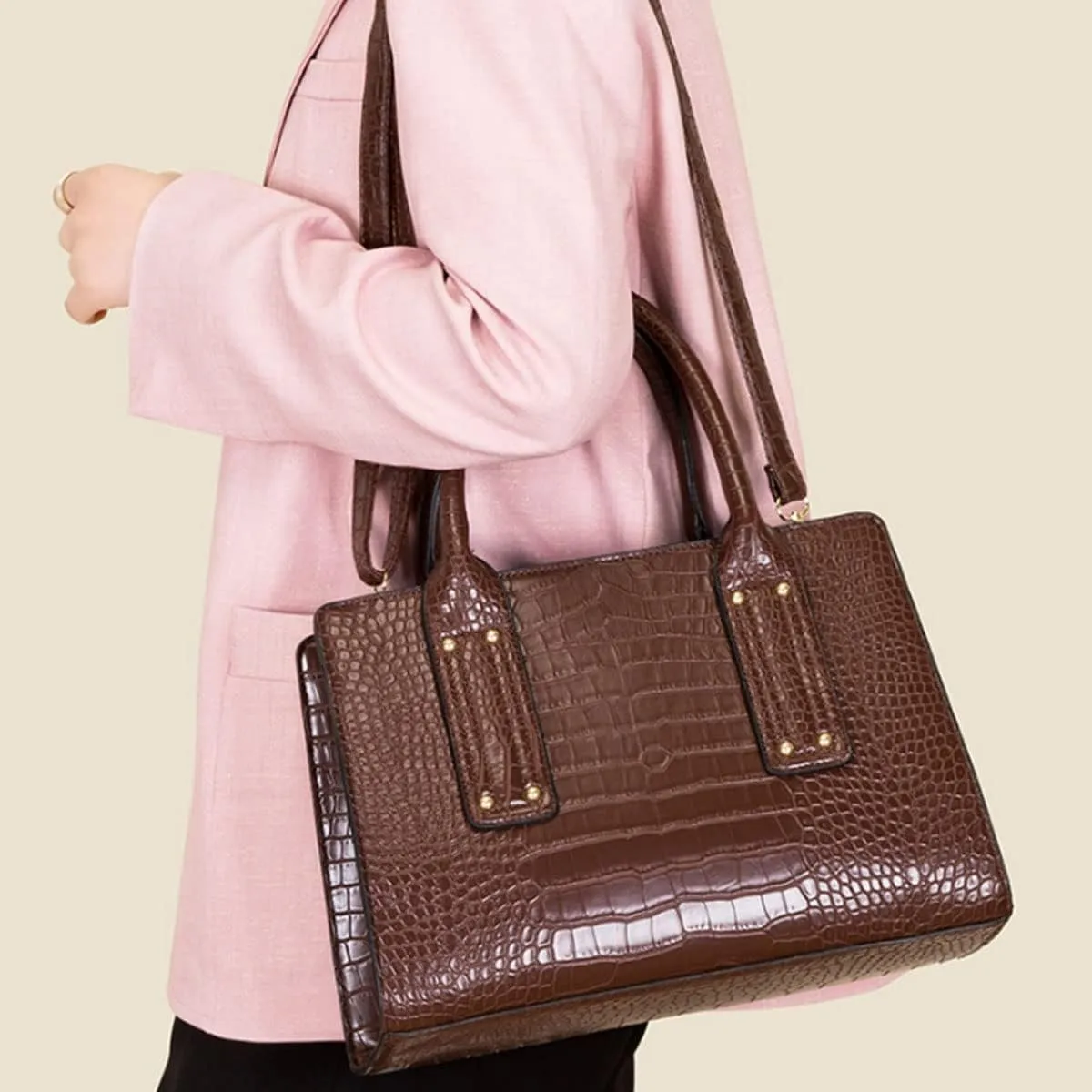 XXGJOALD-Womens 3 Pcs Handbag Set Clutch Crocodile Pattern Purse Fashion Leather Top Handle Tote Satchel Crossbody Bag Wallet