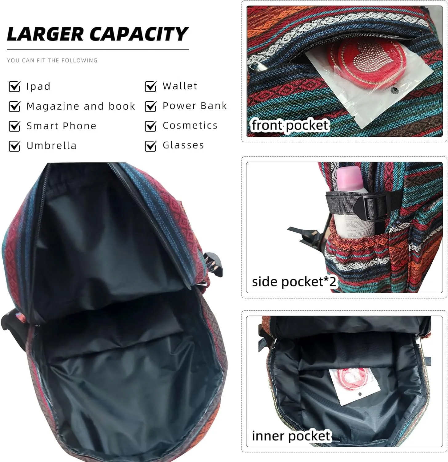 Yaopeing Casual Backpack for Women,Vintage Unique Style Fashion Backpacks Purse, Boho Ethnic Handbag Shoulder Bag,Red