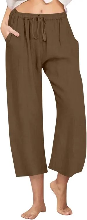 yardsong Capri Pants for Women Cotton Linen Summer Casual Cropped Pants Drawstring Elastic Waist Wide Leg Capris with Pockets