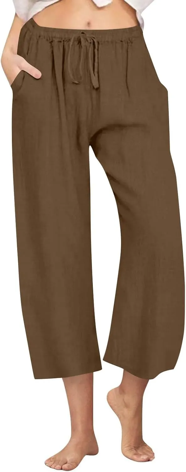 yardsong Capri Pants for Women Cotton Linen Summer Casual Cropped Pants Drawstring Elastic Waist Wide Leg Capris with Pockets