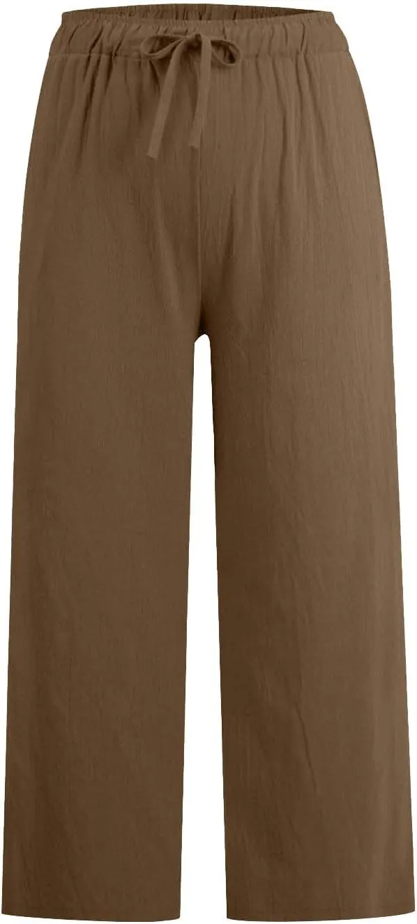 yardsong Capri Pants for Women Cotton Linen Summer Casual Cropped Pants Drawstring Elastic Waist Wide Leg Capris with Pockets