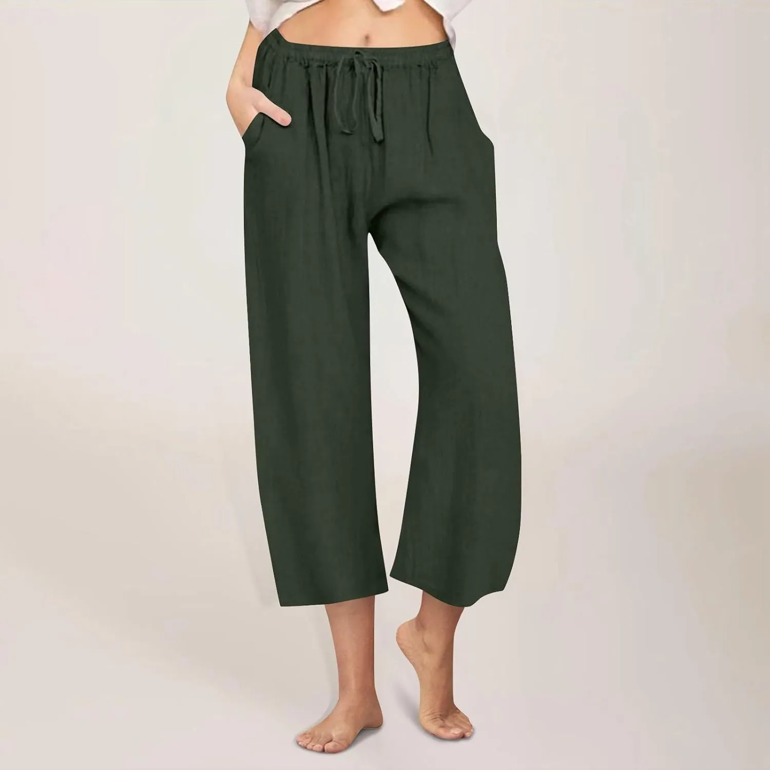 yardsong Capri Pants for Women Cotton Linen Summer Casual Cropped Pants Drawstring Elastic Waist Wide Leg Capris with Pockets