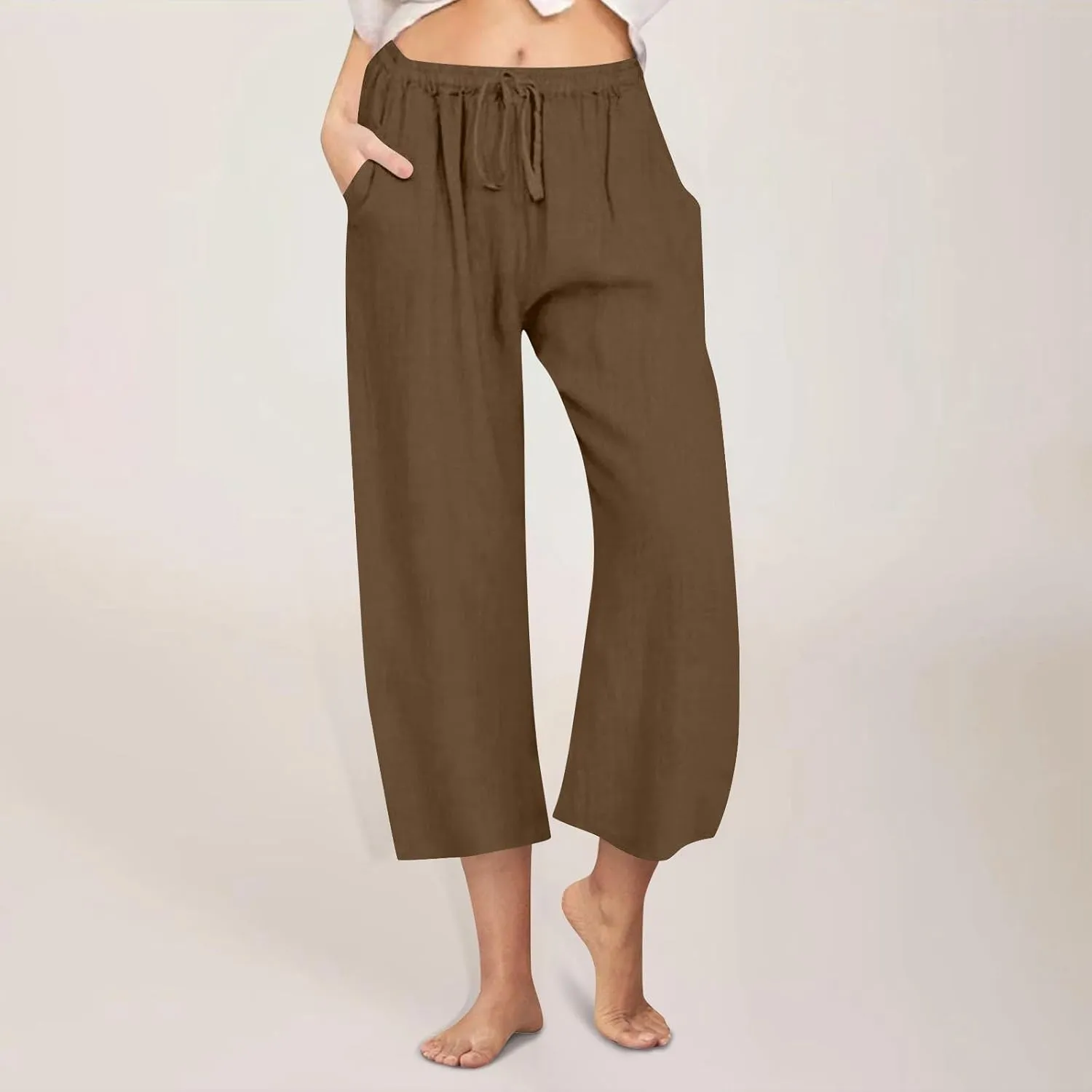 yardsong Capri Pants for Women Cotton Linen Summer Casual Cropped Pants Drawstring Elastic Waist Wide Leg Capris with Pockets