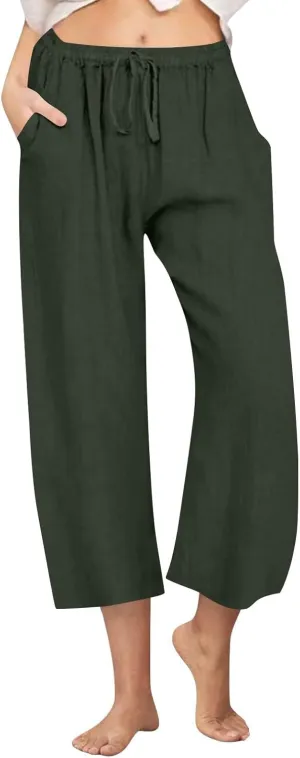 yardsong Capri Pants for Women Cotton Linen Summer Casual Cropped Pants Drawstring Elastic Waist Wide Leg Capris with Pockets