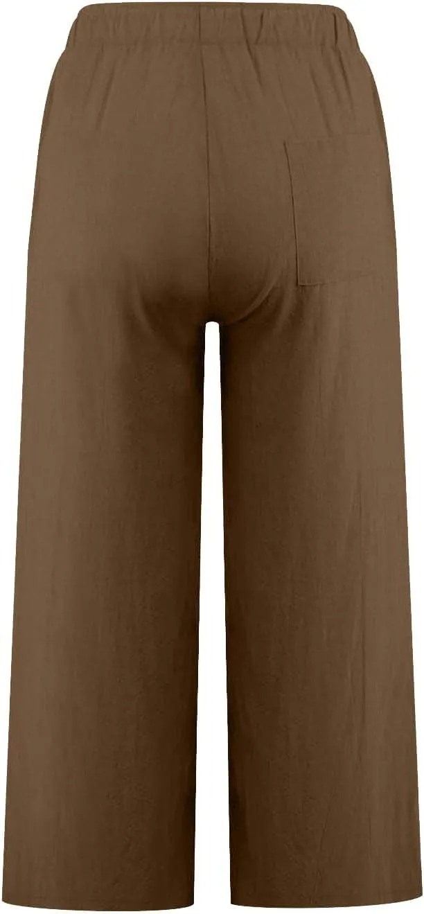 yardsong Capri Pants for Women Cotton Linen Summer Casual Cropped Pants Drawstring Elastic Waist Wide Leg Capris with Pockets