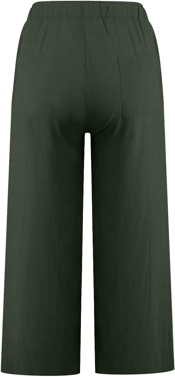 yardsong Capri Pants for Women Cotton Linen Summer Casual Cropped Pants Drawstring Elastic Waist Wide Leg Capris with Pockets