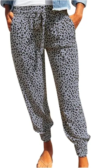 yardsong Leopard Printed Pants for Women Plus Size Drawstring High Waisted Jogger Pants Casual Loose Trousers with Pockets