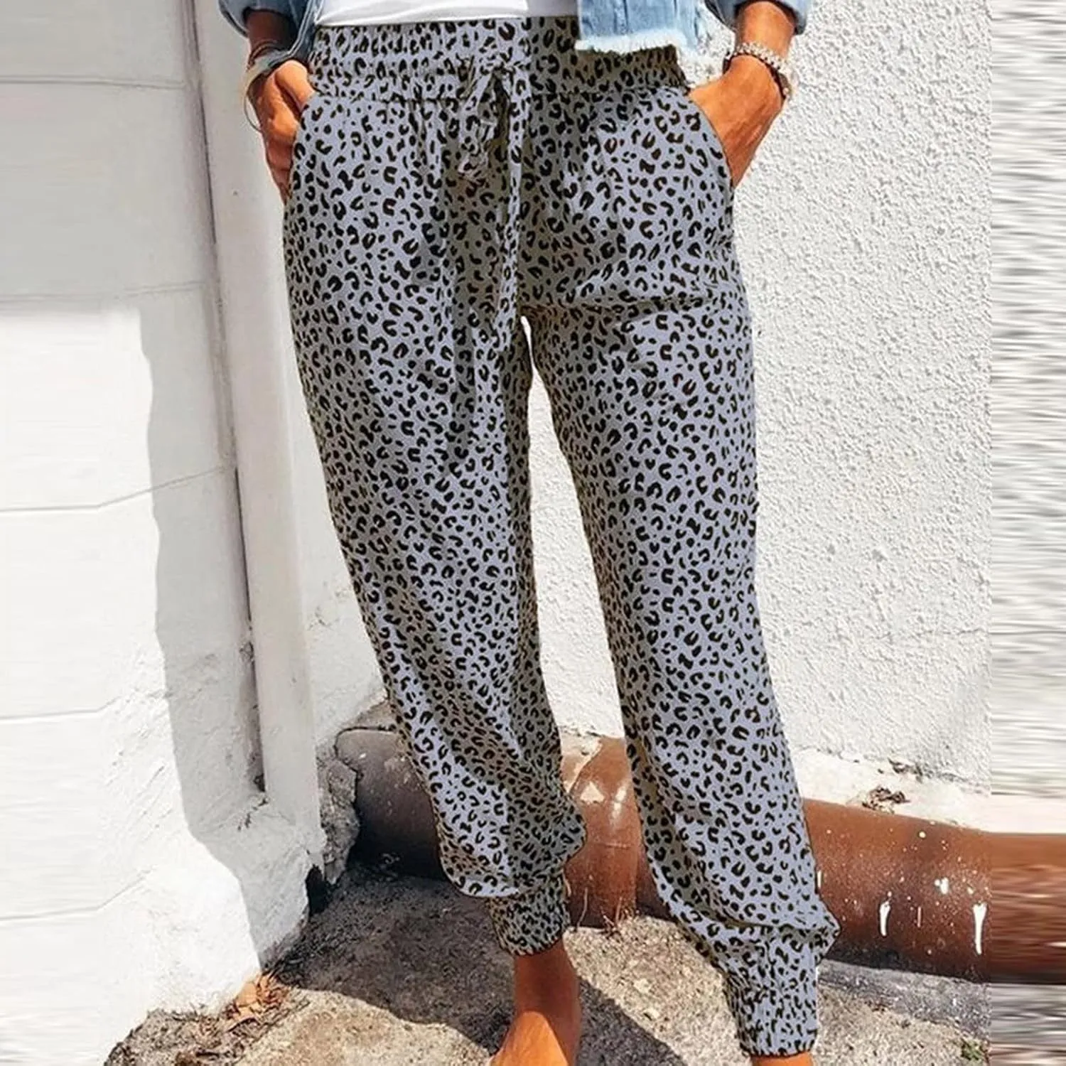 yardsong Leopard Printed Pants for Women Plus Size Drawstring High Waisted Jogger Pants Casual Loose Trousers with Pockets