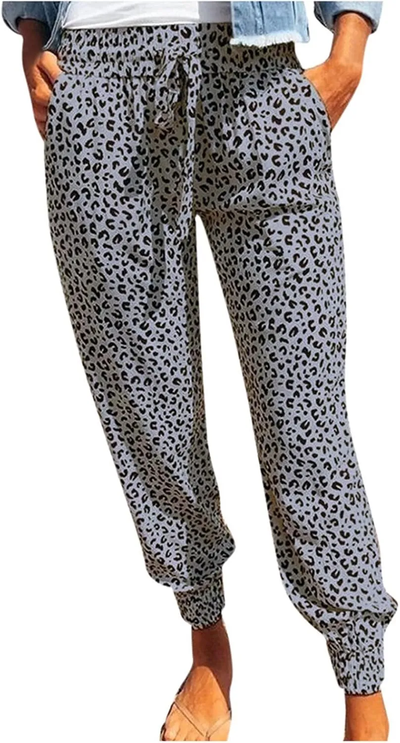 yardsong Leopard Printed Pants for Women Plus Size Drawstring High Waisted Jogger Pants Casual Loose Trousers with Pockets