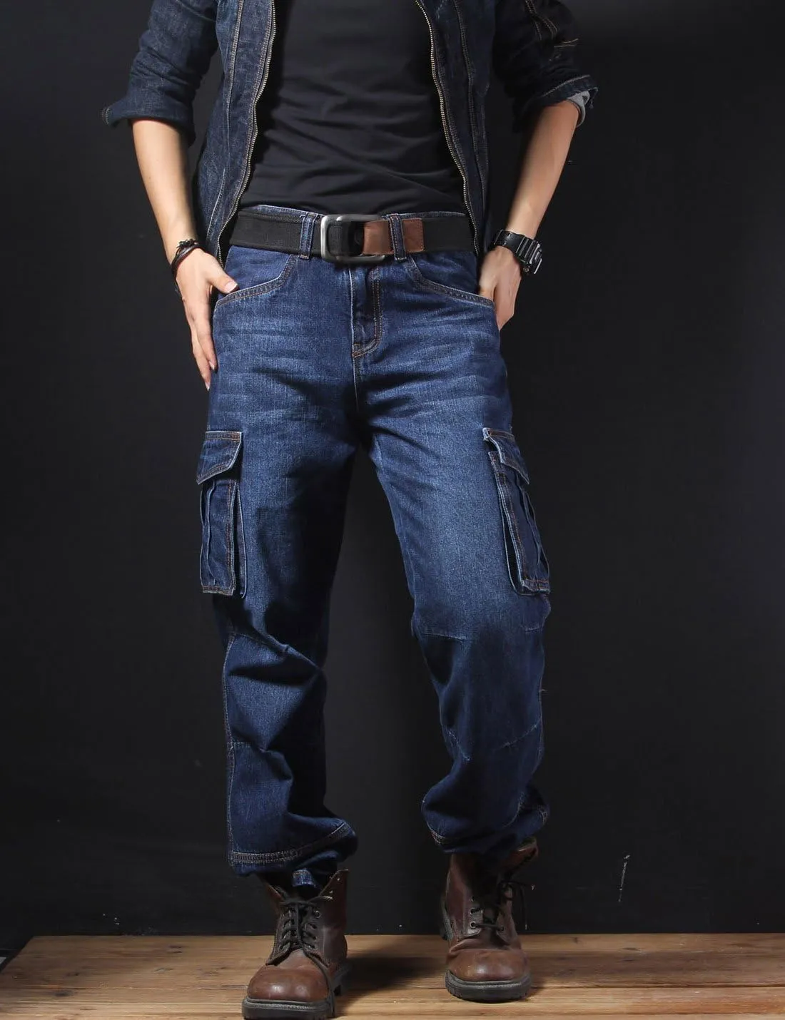 Yeokou Men's Casual Loose Hip Hop Denim Work Pants Jeans with Cargo Pockets