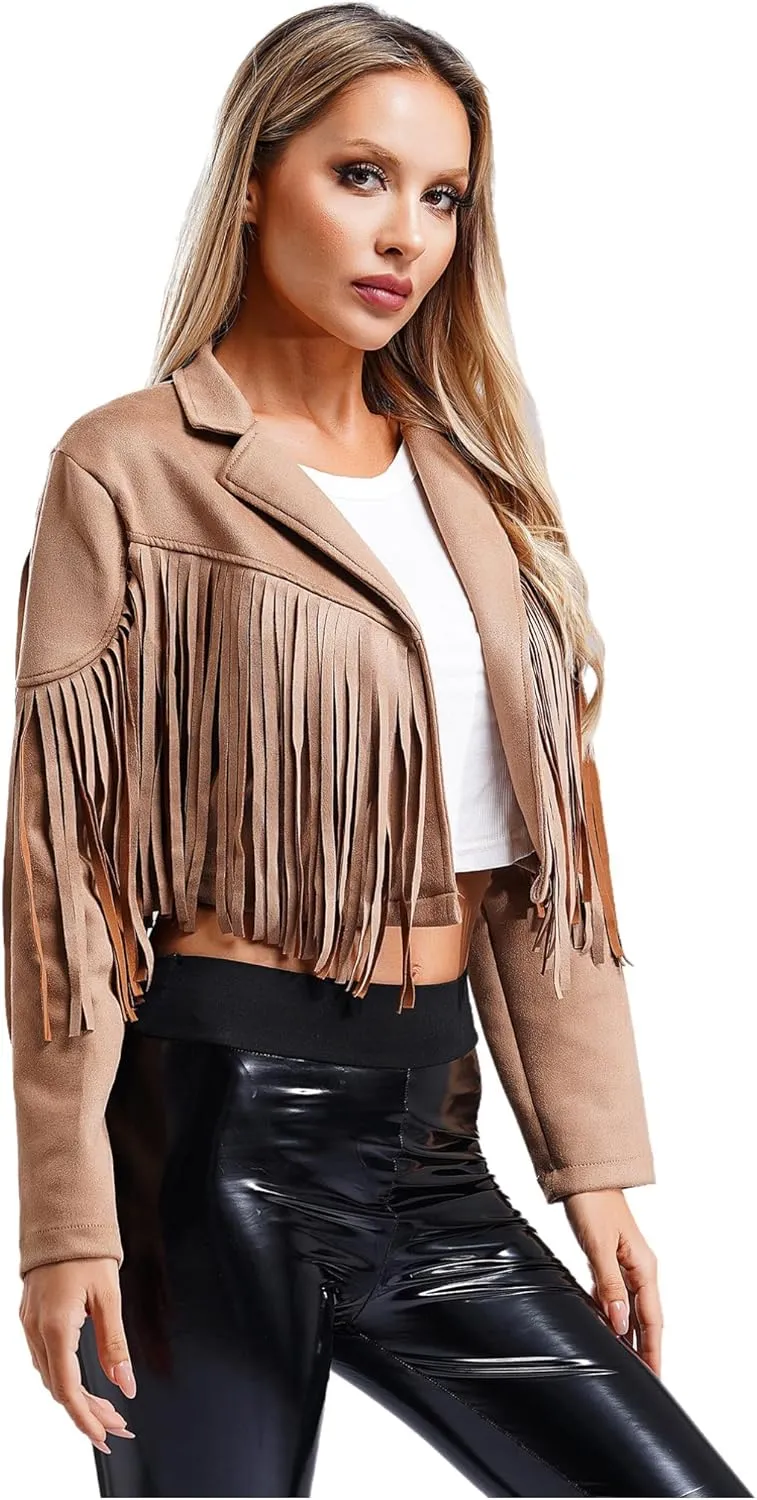 YiZYiF Women's Fringe Faux Suede Leather Jackets Fashion Cowgirl Tassel Motorcycle Cropped Coats