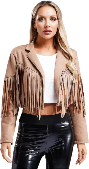 YiZYiF Women's Fringe Faux Suede Leather Jackets Fashion Cowgirl Tassel Motorcycle Cropped Coats