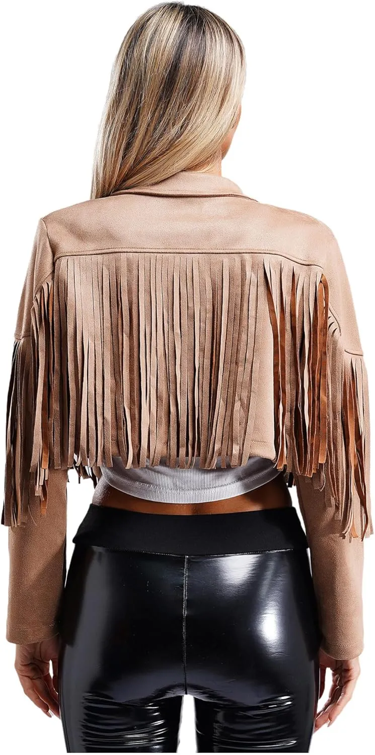 YiZYiF Women's Fringe Faux Suede Leather Jackets Fashion Cowgirl Tassel Motorcycle Cropped Coats