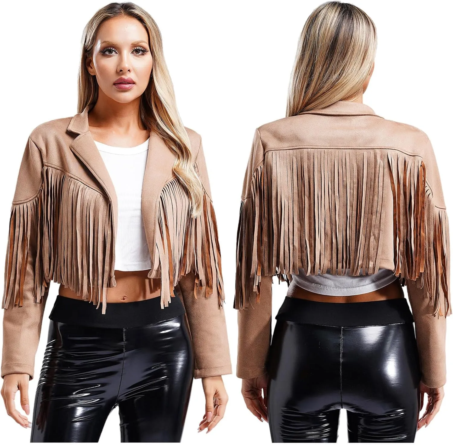 YiZYiF Women's Fringe Faux Suede Leather Jackets Fashion Cowgirl Tassel Motorcycle Cropped Coats