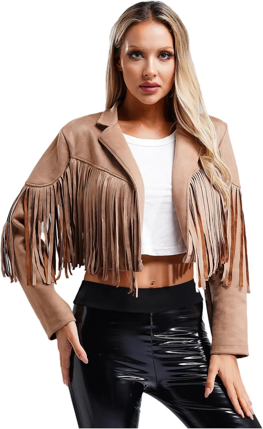 YiZYiF Women's Fringe Faux Suede Leather Jackets Fashion Cowgirl Tassel Motorcycle Cropped Coats