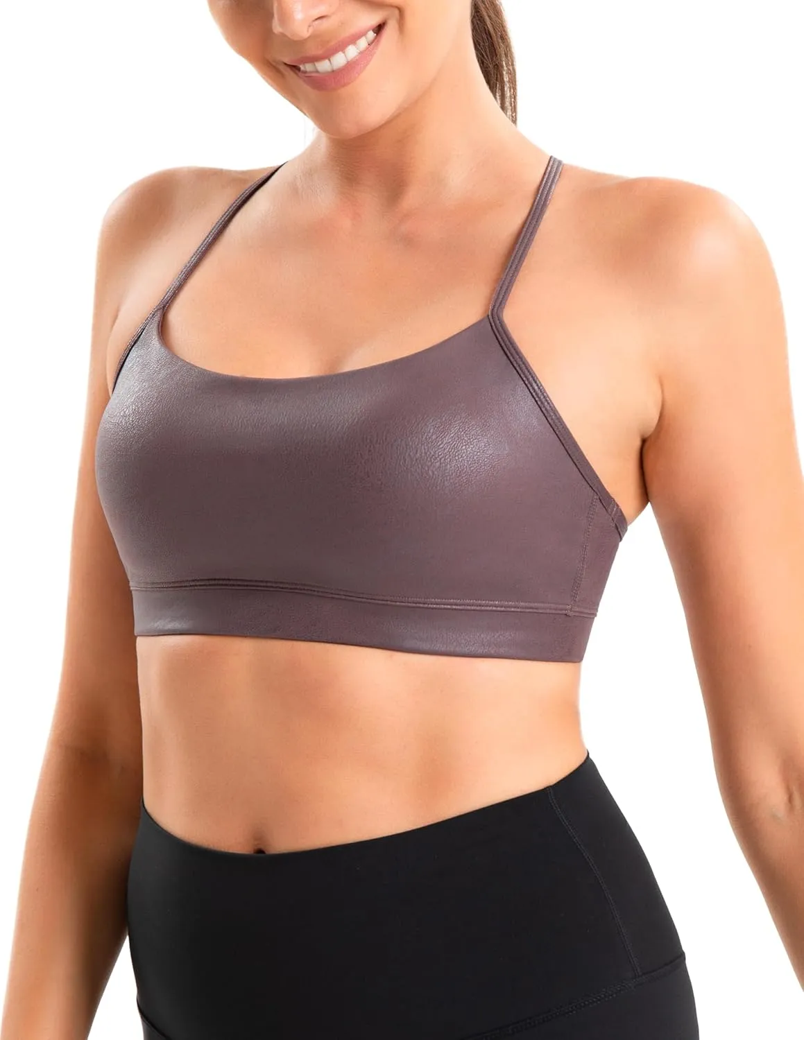 YUNOGA Women's Y Back Matte Faux Leather Sports Bras Padded Racerback Spaghetti Thin Strap Support Workout Yoga Bra
