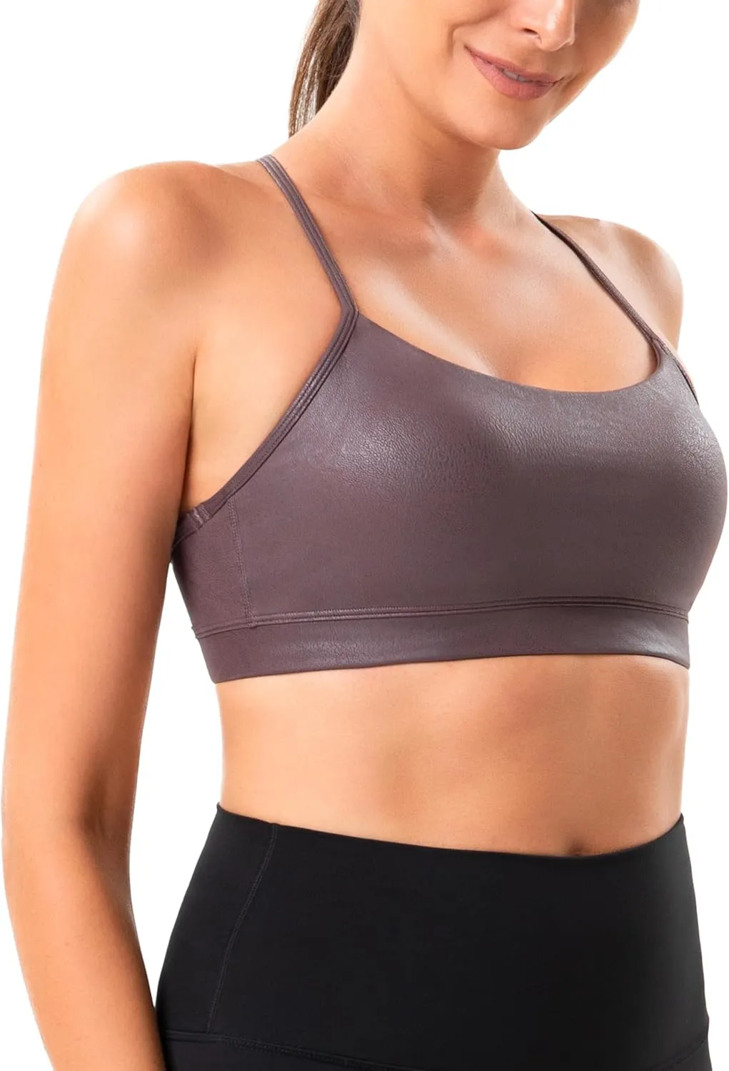 YUNOGA Women's Y Back Matte Faux Leather Sports Bras Padded Racerback Spaghetti Thin Strap Support Workout Yoga Bra