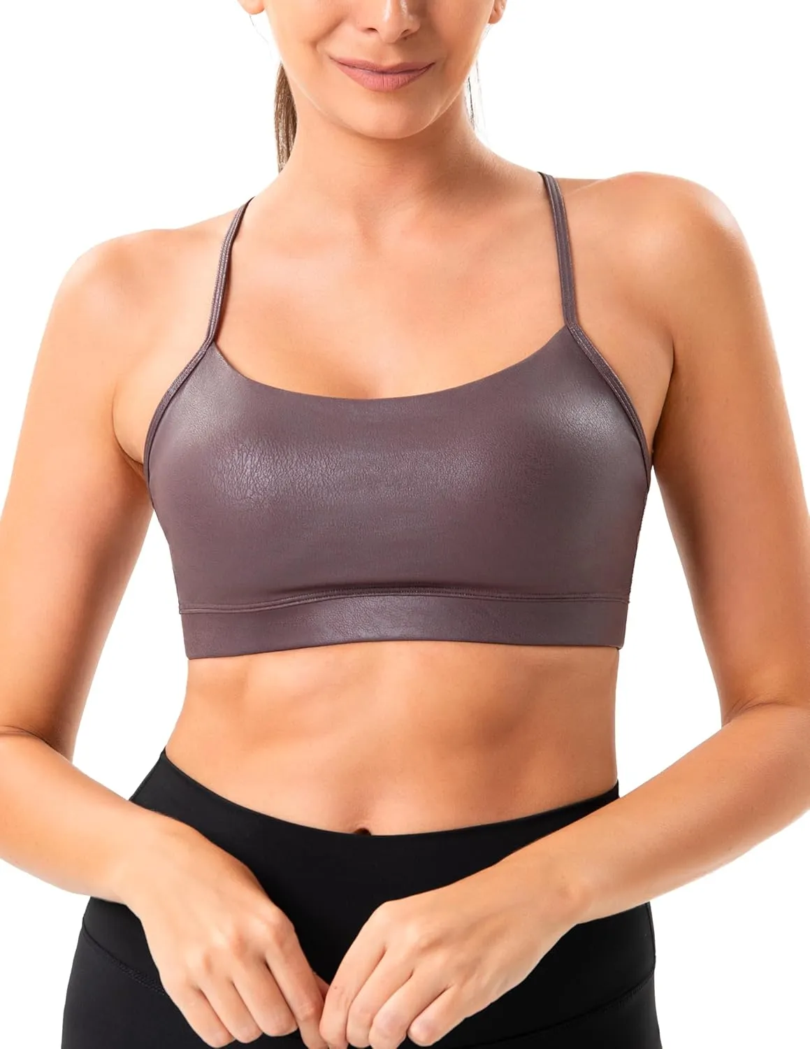 YUNOGA Women's Y Back Matte Faux Leather Sports Bras Padded Racerback Spaghetti Thin Strap Support Workout Yoga Bra