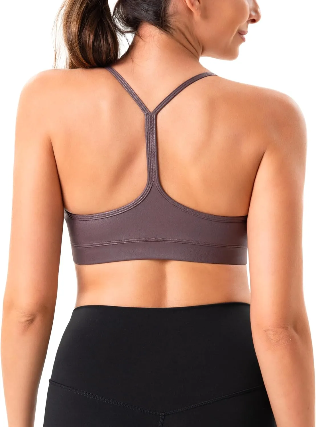 YUNOGA Women's Y Back Matte Faux Leather Sports Bras Padded Racerback Spaghetti Thin Strap Support Workout Yoga Bra