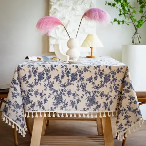 YUURAINVUVU French Vintage Blue Rose Floral Cotton Linen Fabric, Stitching Tassel Rectangle Tablecloth for Kitchen | Dining | Tabletop | Decoration | Tea Party | Farmhouse (55x70 Inches)